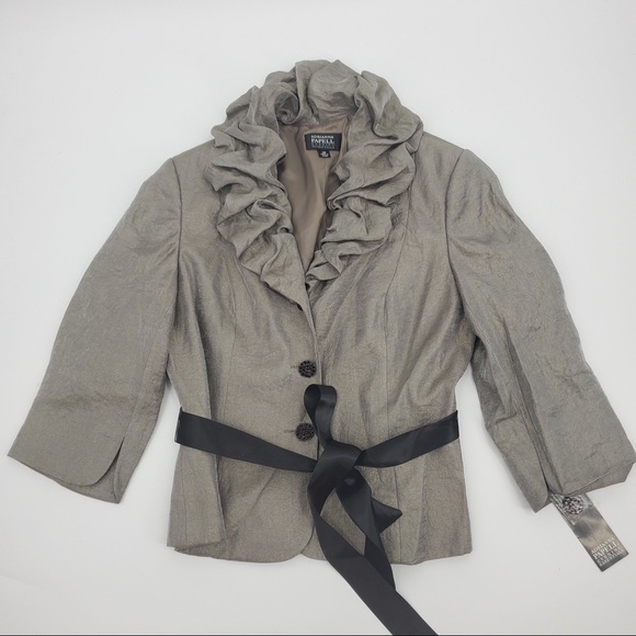 Adrianna Papell Evening Essentials Cocktail Hour Jacket Blouse Ruffles Silver - Picture 1 of 8